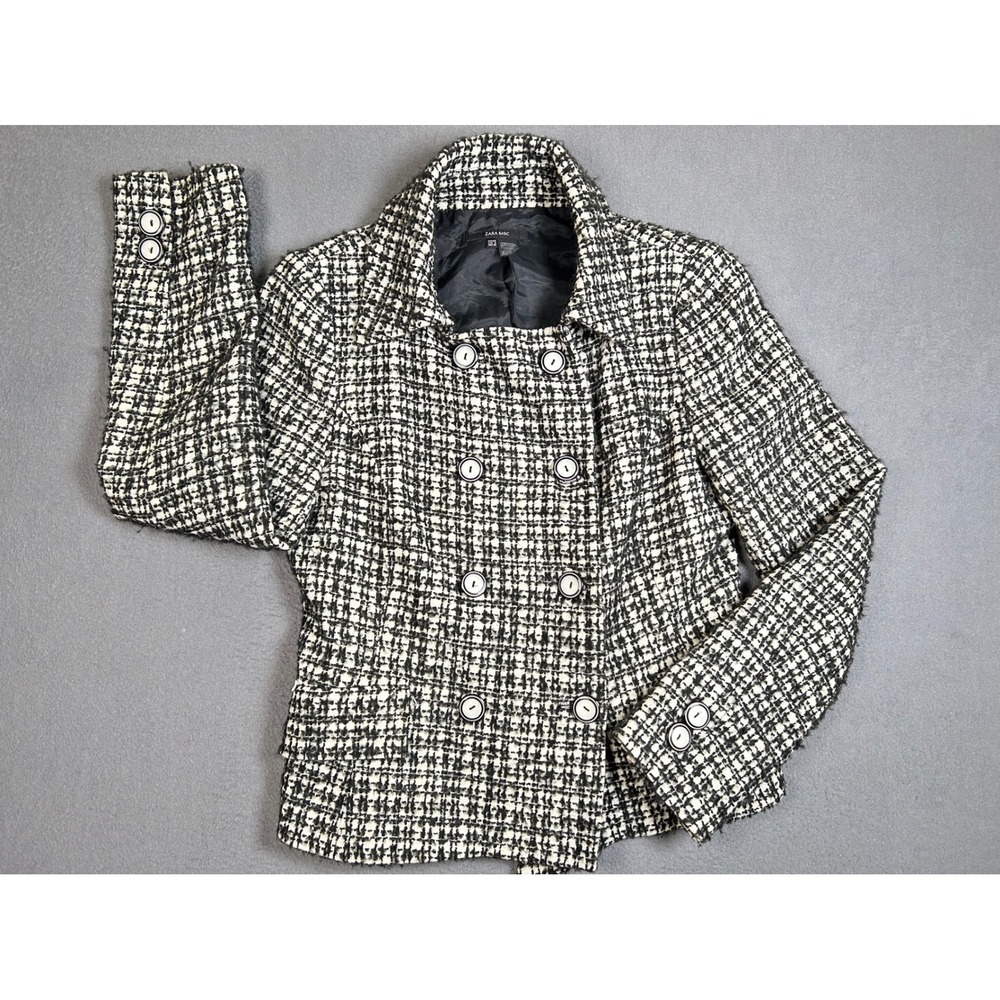 Zara Blazer Women 8 Black White Tweed Double Breasted Textured Jacket